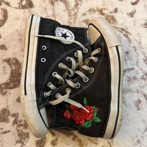 Converse Chuck Taylor All Star Hi Black Denim Rose Embroidered Woman’s Sneakers